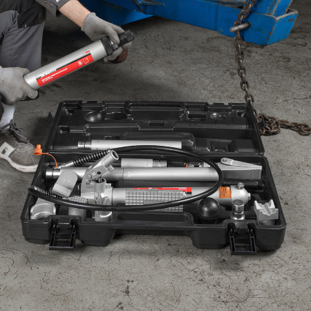 Растяжка гидравлическая, 10 т, набор из 17 предметов, 7 сменных насадок, в пластиковом кейсе Matrix цена