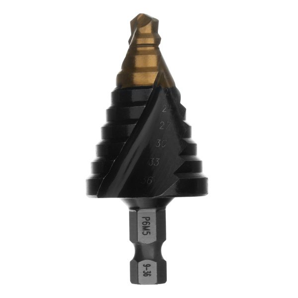 Сверло ступенчатое, 9-12-15-18-21-24-27-30-33-36 мм, Р6М5, 6-гр. хвостовик Denzel