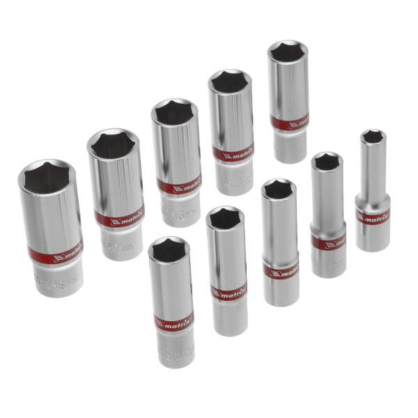 Набор удлиненных торцевых головок 3/8", 6 гранные, CrV, 8-19мм, 10 штук Matrix