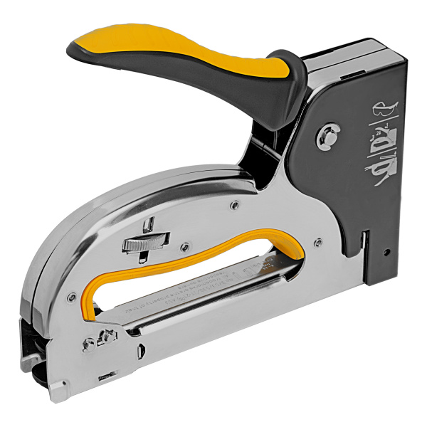 Степлер металл., скобы в комплекте, плавная регулировка удара, 2К рукоятка, тип 53, 4-14 мм Denzel цена