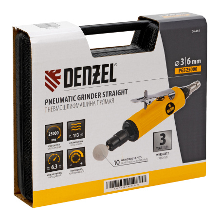 Пневмошлифмашина прямая PGS25000, 25000 об/мин, 10 шлиф. камней, цанга - 3, 6 мм, 113 л/мин Denzel цена