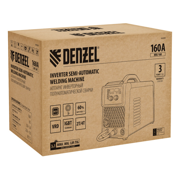 Аппарат инвертор. полуавтомат. сварки  MIG-160, 160 А, ПВ 60%, катушка 5 кг// Denzel