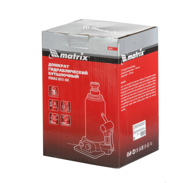 Домкрат гидравлический бутылочный, 20 т, h подъема 244-449 мм Matrix цена