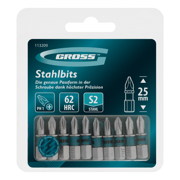 Бита PH1х25мм, сталь S2, шестигр., 10 шт. Gross