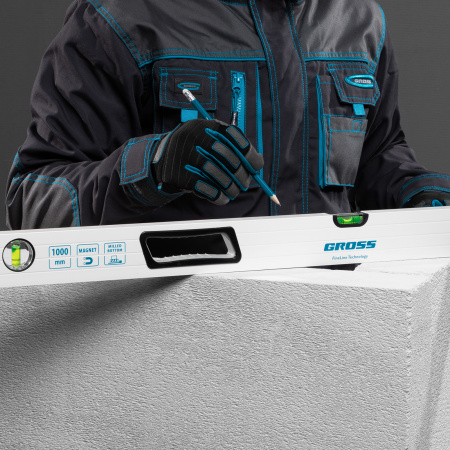 Уровень алюминиевый, 1000 мм, усиленный, рукоятки, фрезерованный, 3 глазка, магнитный Gross цена