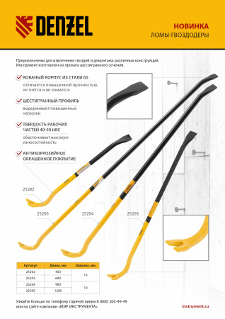 Лом-гвоздодер, 1200 мм, шестигранный 19 мм, окрашенный, сталь 65 Denzel цена