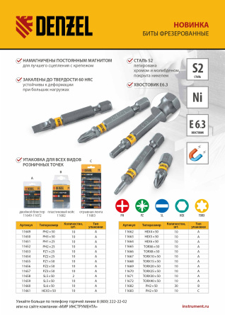 Бита HEX 3х50, сталь S2, шестигранный профиль, 10 шт. Е 6,3 Denzel