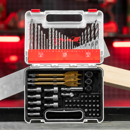 Набор сверл комбинированный, сверла по металлу 1-6 мм, бетону 3-8 мм, дереву 3-8 мм, перовые 16,20,22 мм, биты 30 шт, адаптер, головки 8 шт, 71 предмет Pro Matrix