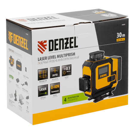 Лазерный уровень мультипризменный DLV-360-4C, 30 м, зеленый луч, Li-Ion 2,4 Aч, кейс// Denzel цена