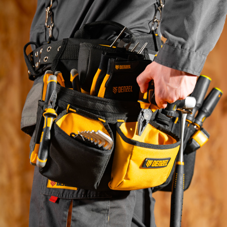 Пояс монтажника усиленный, с лямками, сумки поясные, держатель для молотка Denzel цена