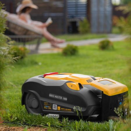 Робот-газонокосилка Grass Master 1000  1000м², 3Ач, 28V, LCD дисплей, Wi-Fi Denzel цена