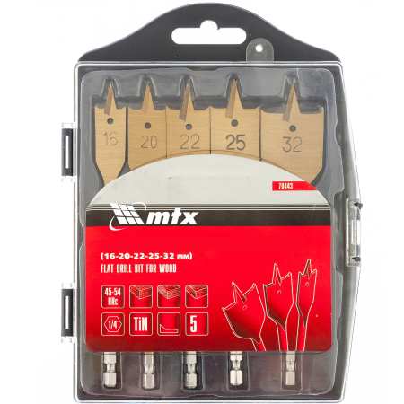 Набор сверл перовых по дереву, 16-20-22-25-32 мм, 5 шт, пластиковый кейс, Matrix