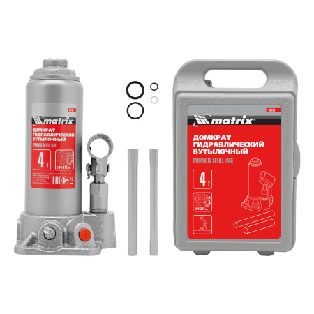 Домкрат гидравлический бутылочный, 4 т, высота подъема 194-372 мм, в пластиковый кейсе Matrix цена