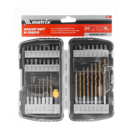 Набор бит и сверл, магнитный адаптер, CrV, пластиковый кейс, 40 шт. Matrix