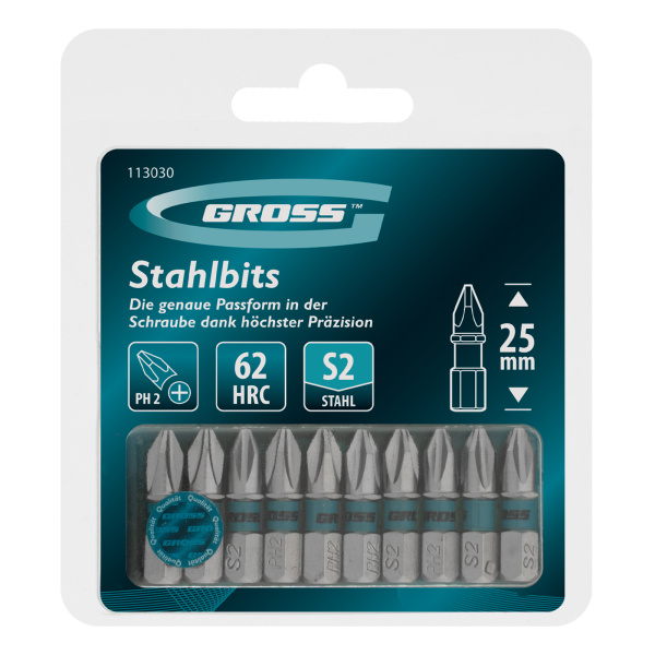 Бита PH2х25мм, сталь S2, шестигр., 10 шт. Gross