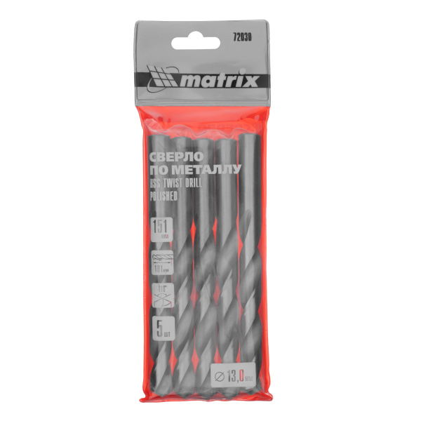 Сверло по металлу, 13 мм, полированное, HSS, 5 шт, цилиндрический хвостовик Matrix