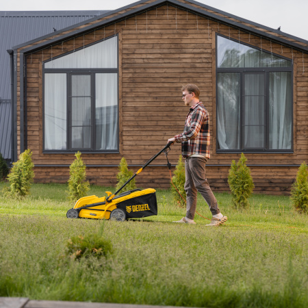 Газонокосилка электрическая GMC-1800, шир. 38см, 1800 Вт, 6 уров., травосб. 35 л Denzel цена