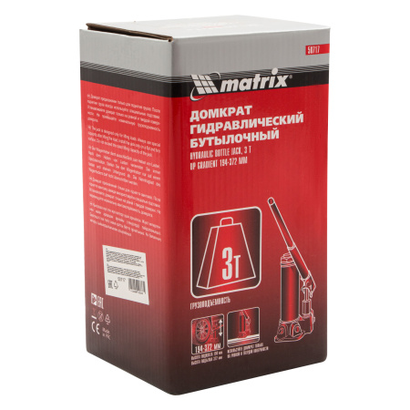 Домкрат гидравлический бутылочный, 3 т, высота подъема 194-372 мм Matrix цена
