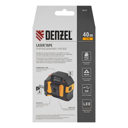 Лазерный дальномер с рулеткой LT-40, 5м x 19 мм, дальномер 40м, автомат. фиксация Denzel цена