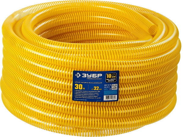 ЗУБР Шланг напорно-всасывающий со спиралью ПВХ, 10 атм, 32мм х 30м 40327-32-30