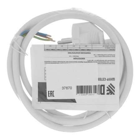 Шнур сетевой Energy Series, ПВС, 1,5 м, 3 x 1,5 мм, с неразборной вилкой, белый, Denzel цена