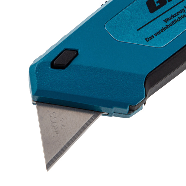 Нож, 130 мм, алюминиевый корпус, выдвижное трапециевидное лезвие 18 мм (SK-5) клипса для ремня, 4 лезвия Gross