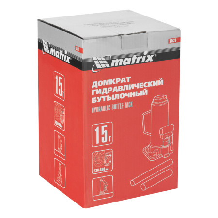 Домкрат гидравлический бутылочный, 15 т, высота подъема 230-460 мм Matrix цена