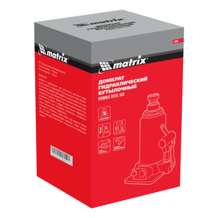 Домкрат гидравлический бутылочный, 16 т, h подъема 230-460 мм Matrix цена