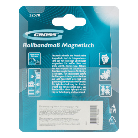 Рулетка Magnetisch 3 м х 16 мм,обрезиненный корпус,автоматическая фиксация,Нейлоновое покрытиеытие,зацеп с магнитом Gross цена