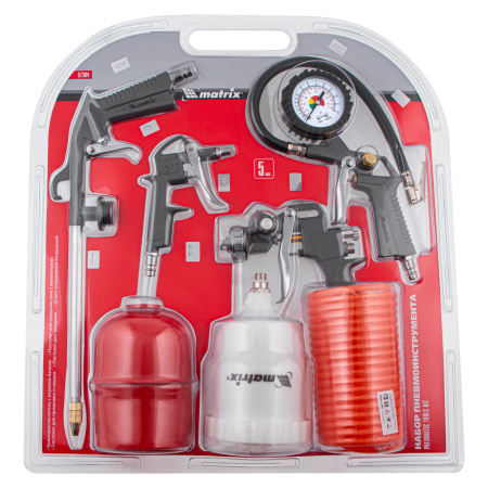 Набор пневмоинструмента, 5 предметов, быстросъемное соединение, краскораспылитель с верхним бачком Matrix цена