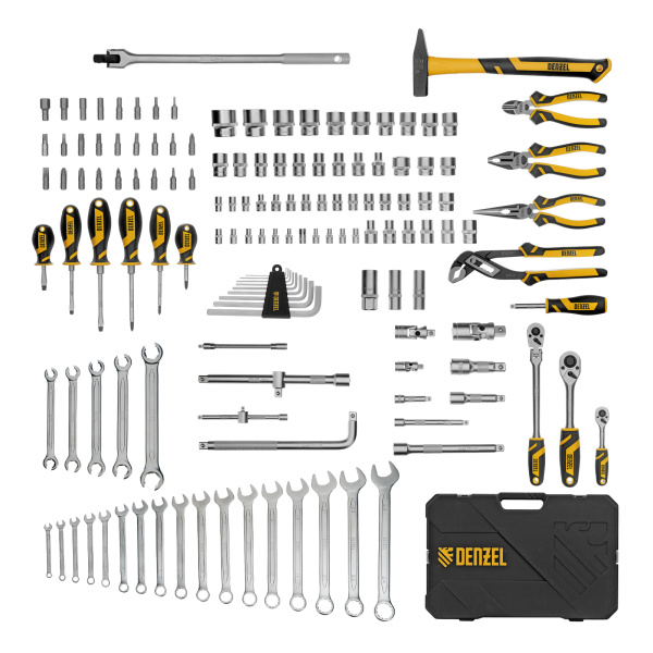 Набор инструментов, 1/2", 1/4", 3/8", CrV, S2, пластиковый кейс, 144 предмета Denzel