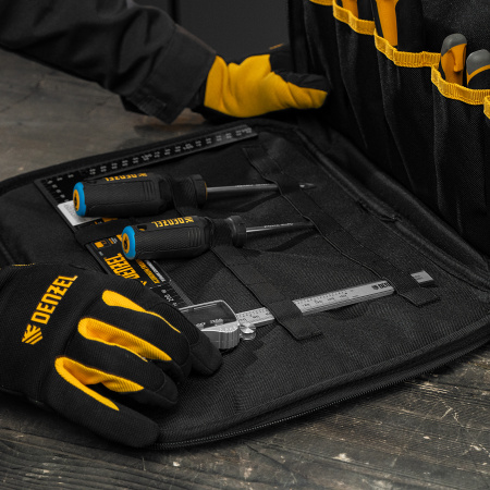 Сумка для инструмента, 400х170х300 мм, 3 отделения, 28 карманов, наплечный ремень Denzel цена