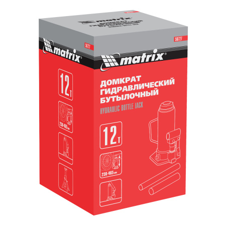 Домкрат гидравлический бутылочный, 12 т, высота подъема 230-465 мм Matrix цена