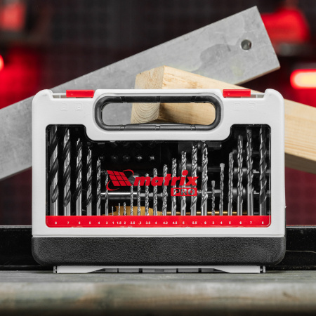 Набор сверл комбинированный, сверла по металлу 1-6 мм, бетону 3-8 мм, дереву 3-8 мм, перовые 16,20,22 мм, биты 30 шт, адаптер, головки 8 шт, 71 предмет Pro Matrix