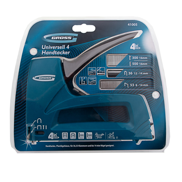 Степлер мебельный универсальные (Universell 4) пластик, 4 функции, тип скобы: 53, 36, 300, 500, 8-14мм Gross цена