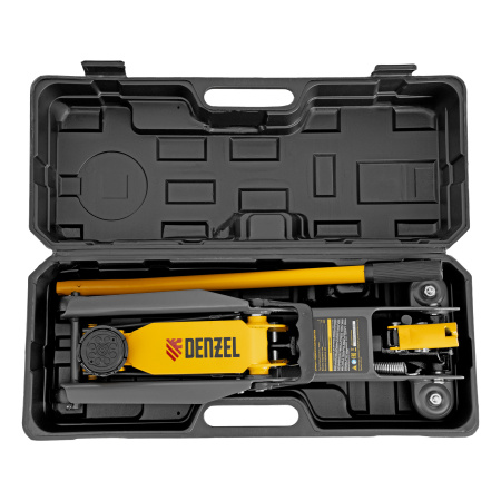 Домкрат гидравлический подкатной, 2 т, 135-385 мм, в пласт. кейсе Denzel цена