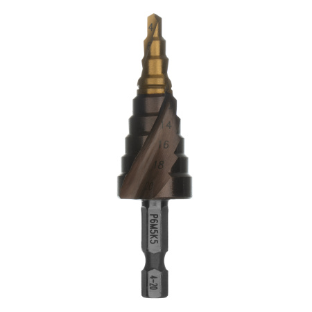 Сверло ступенчатое 4-6-8-10-12-14-16-18-20 мм, Р6М5К5, 6-гр. хвостовик Denzel