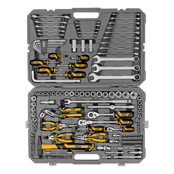 Набор инструментов, 1/2", 1/4", 3/8", CrV, S2, пластиковый кейс, 144 предмета Denzel