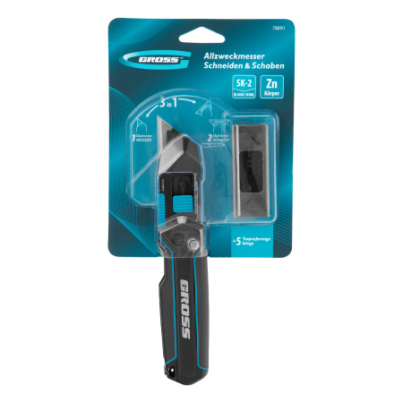 Нож-скребок складной, 19мм, сменное лезвие, SK2, 5 запас. лезвий, алюмин. корпус, клипса GROSS