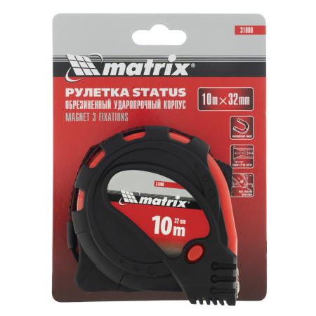 Рулетка Status Magnet 3 fixations,10 м х 32 мм,обрезиненный корпус,зацеп с магнитом Matrix цена