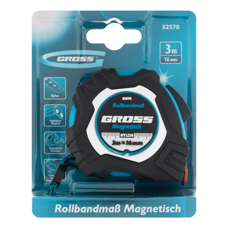 Рулетка Magnetisch 3 м х 16 мм,обрезиненный корпус,автоматическая фиксация,Нейлоновое покрытиеытие,зацеп с магнитом Gross цена
