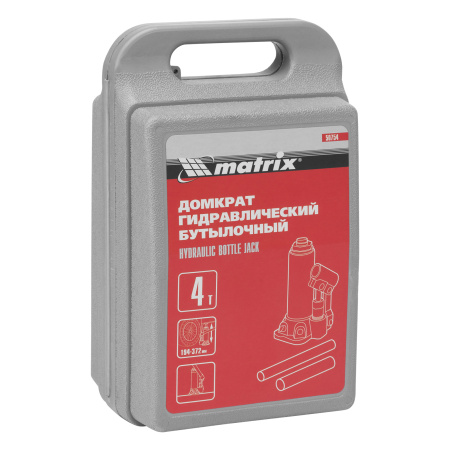 Домкрат гидравлический бутылочный, 4 т, высота подъема 194-372 мм, в пластиковый кейсе Matrix цена