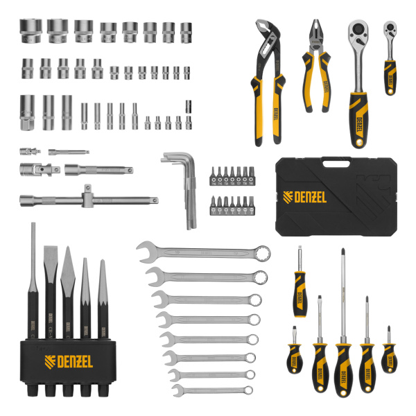Набор инструментов, 1/2", 1/4", CrV, S2, пластиковый кейс, 84 предмета Denzel