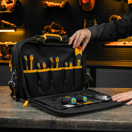 Сумка для инструмента, 400х170х300 мм, 3 отделения, 28 карманов, наплечный ремень Denzel цена