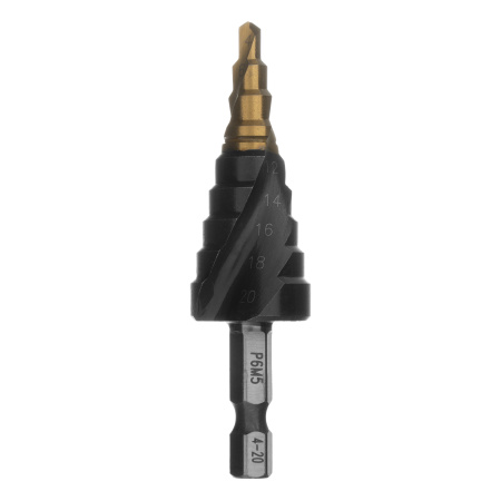 Сверло ступенчатое 4-6-8-10-12-14-16-18-20 мм, Р6М5, 6-гр. хвостовик Denzel