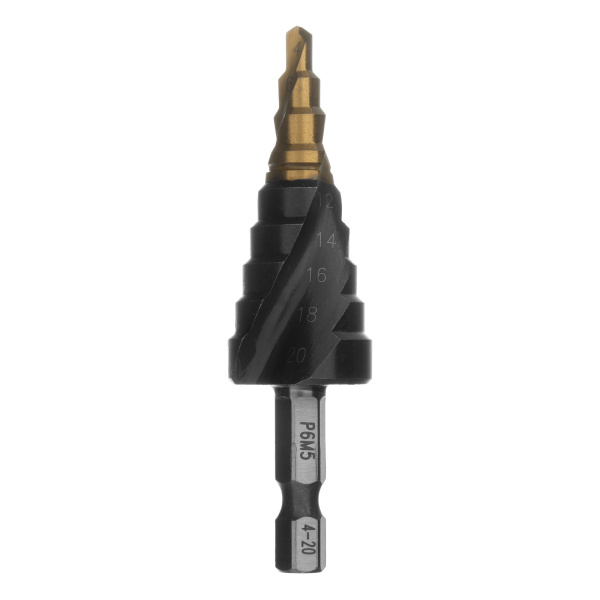 Сверло ступенчатое 4-6-8-10-12-14-16-18-20 мм, Р6М5, 6-гр. хвостовик Denzel