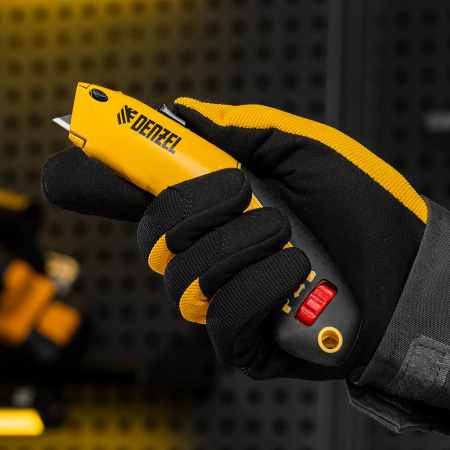 Нож, 19мм, сменное трапециевидное  лезвие, SK4, алюминиевый корпус, торцевой зажим Denzel