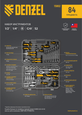 Набор инструментов, 1/2", 1/4", CrV, S2, пластиковый кейс, 84 предмета Denzel
