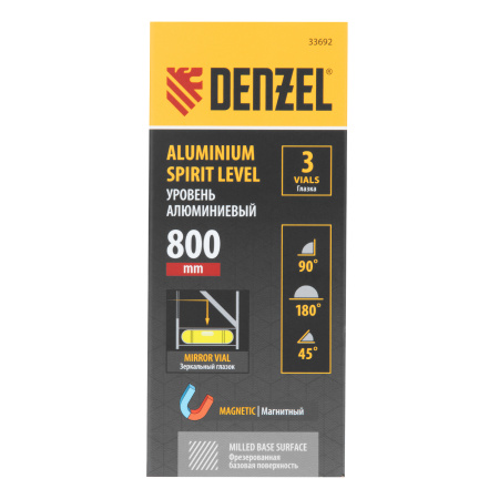 Уровень алюминиевый, магнит, фрезерованный, 3 глазка (1 зеркал.) 0,5 мм/м, 800 мм Denzel цена