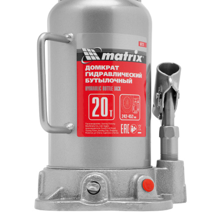 Домкрат гидравлический бутылочный, 20 т, высота подъема 242-452 мм Matrix цена